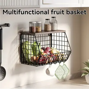 2 Set Wall Mounted Wire Baskets, Stackable Wire Baskets with Wooden Tabletop, Fruit and Vegetable storage, Counter Onion and Potato Stackable Storage Basket, Hanging Metal Wire Baskets Kitchen Countertop Organizer Pantry,   2025 Dealsforyoudays