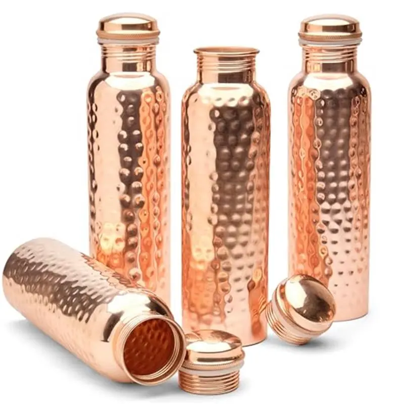 Advanced Mixology Hammered Copper Water Bottle Set of 4 (34 oz/1000ml) – 100% Pure Copper, Ayurvedic Health Benefits, Durable, Leak-Proof, Reusable, Premium Quality