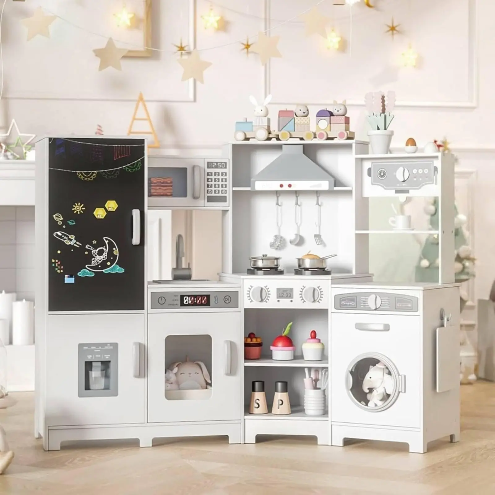 MAMIZO Wooden Corner Play Kitchen, Extra-Large Interactive Kids Kitchen Playset with Lights & Sounds, Blackboard, Washing Machine, Ice Maker & 7 Accessories, Ultimate Pretend Toy Kitchens for Toddler, Festival Gift Age 3+
