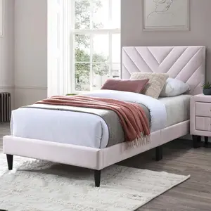 Twin Size Bed Frame with Upholstered Headboard, Velvet Twin Platform Bedframe with Strong Wood Slat Support, No Box Spring Needed, Light Pink