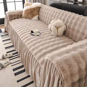 1PC Fashionable Luxury Plush Sofa Cover, Fashion Couch Protector -, Minimalist Solid Color Ruffled Design, Scratch-Resistant, Dustproof, Stain-Resistant & Pet-Friendly, Fits 1/2/3/4 Seater Sofas, All-Season Living Room Slipcover, Machine Washable