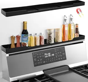 30 Inch Magnetic Stove Top Shelf 3-Zone Kitchen Organizer Anti-Slip Anti-Fall Heat Resistant Food-Grade Silicone Spice Rack for Flat Stoves Black