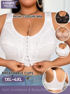 3-Pack Plus Size Lace Push-Up Bras, Underwear, Backless Design, Medium Support, Breathable Unlined, Casual Style, All Seasons, 1xl-4xl, Fit