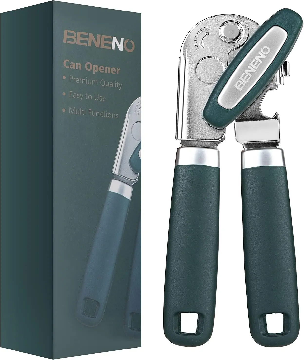 Beneno Heavy-Duty Manual Hand Can Opener - Sharp Carbon Steel Blade, Magnet, Large Effort-Saving Knob, Soft Grip Handle, Multifunctional Bottle Opener, Green (Household Kitchen Specialty Appliance)