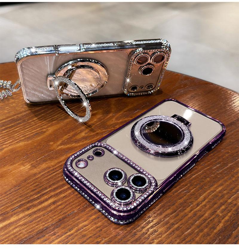 Phone Case with Mirror & Stand for iPhone 12/13/14/15/16/17 Pro Max,17Air,14/15/16 Plus. Features a shiny frame, high-definition transparent material, and full-body drop-resistant design.