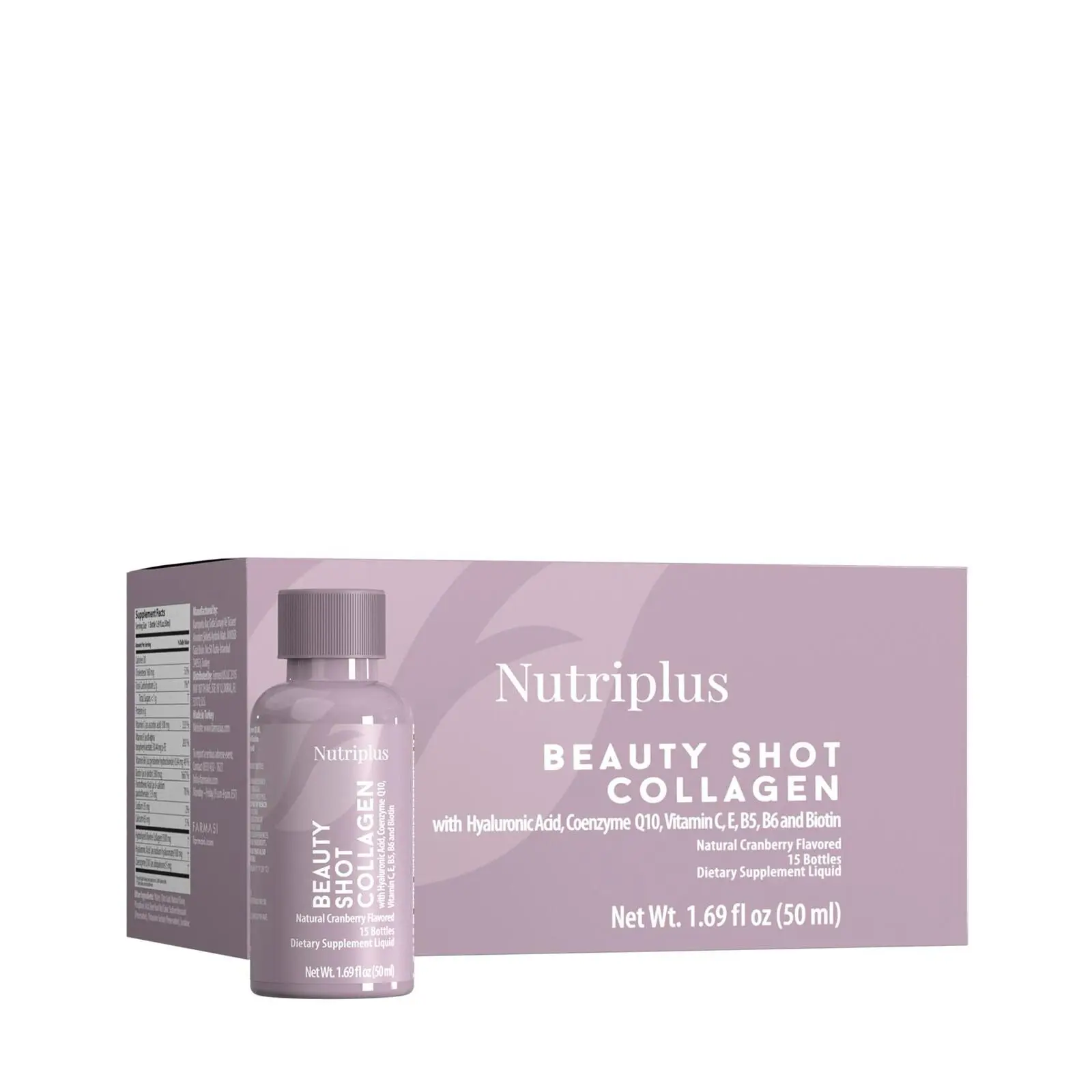 FARMASI Nutriplus Beauty Shot Liquid Collagen Drink for Glowing Skin with Hyaluronic Acid & Biotin, Edible Dietary Supplement, Cranberry Flavor, 15 Bottles, Collagen Protein Boost, Skin Health, Collagen Reduce Wrinkles