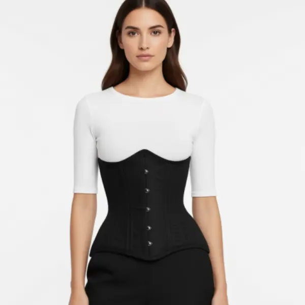 Black Cotton Steel Boned Underbust Corset with Front Busk