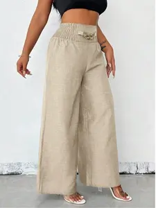 A pair of women's solid-color zipper-enclosed high-waisted stretchable loose-fitting slimming wide-leg trousers that are versatile and suitable for all occasions.
