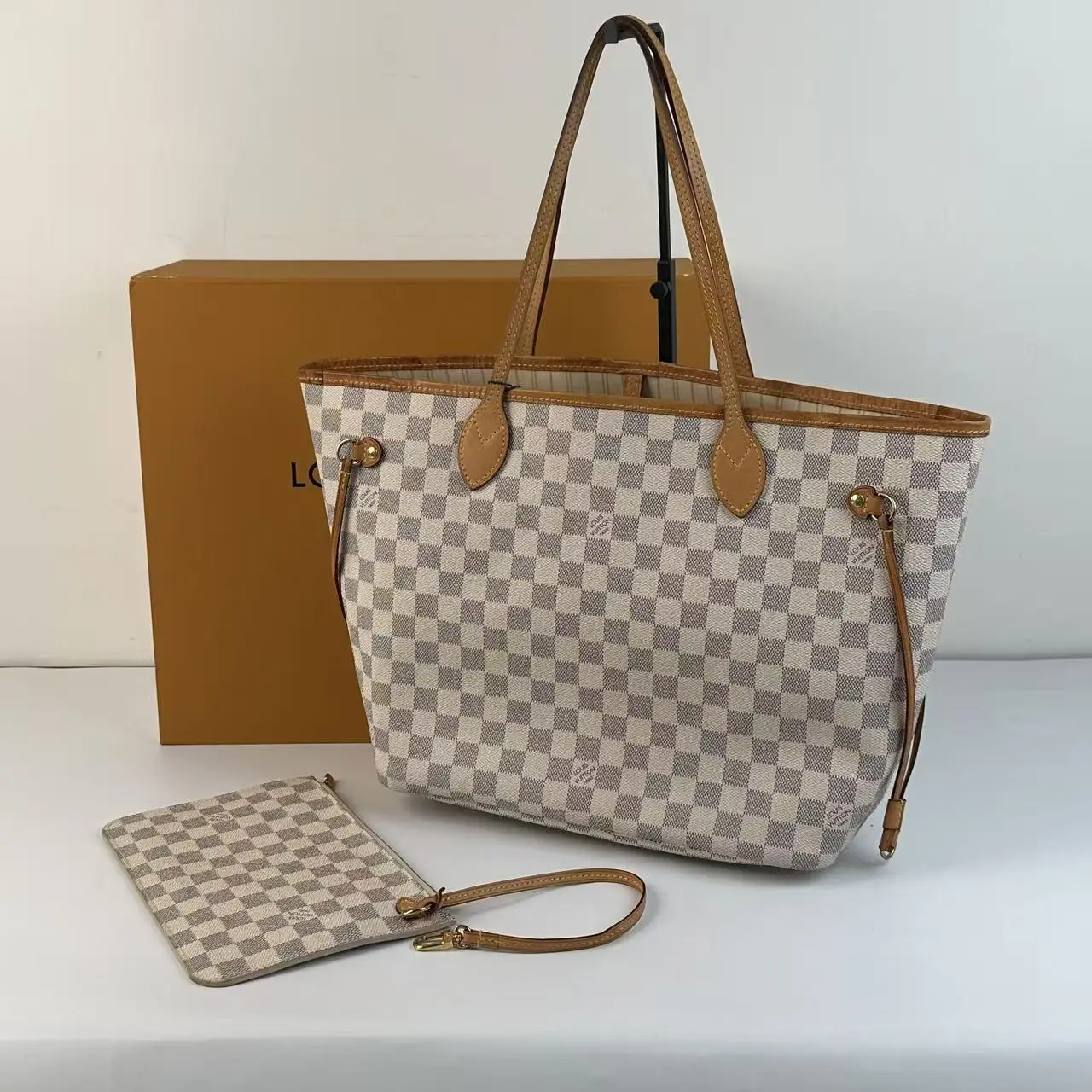 Pre-owned Louis Vuitton Damier Azur Neverfull MM Leather Tote Bag with Matching Pochette Wristlet Pouch, Pre Loved Shoulder Bag, Tote Bags