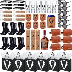 60Pcs Groomsmen Proposal Box with Shot Glasses Socks Sunglasses PU Leather Toiletry Bag Bottle Opener Can Cooler, Best Man Groomsman Gifts for Wedding, Brown (60)