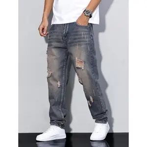Manfinity Homme Men's Casual Loose Straight Leg Distressed Pockets Denim Jeans