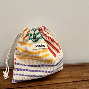 Mini Drawstring Bag Corduroy Makeup Pouch Striped Design Gift for Women Compact Storage Soft & Comfortable