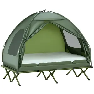 2-Person Tent Cot, 4-in-1 Elevated Camping Bed Combo with Air Mattress, Bed Cover, Foot Pump, Folding Off Ground Double Tent for Camping, Hiking, Backpacking