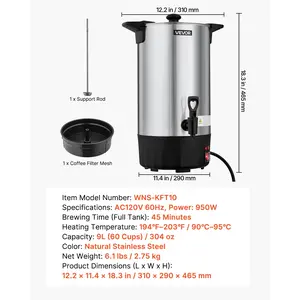 VEVOR Commercial Coffee Urn, 60 Cup 9 L Hot Beverage Dispenser with Dripless Faucet, Quick-Brewing Stainless Steel Large Commercial Coffee Maker, for Catering, Business, Party, Church Restaurant