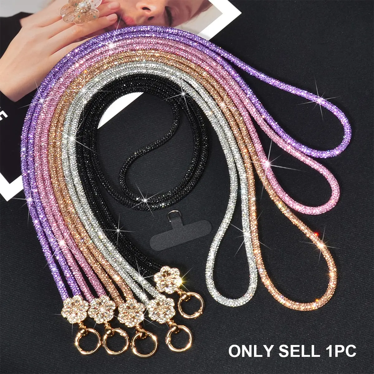 1Pc Phone Case Crossbody Lanyard Neck Strap With Imitation Diamond-Encrusted Metal Lucky Flower Rotatable Buckle, Phone Chains, Phone Accessories, Outdoor Travel Mobile Phone Anti-Lost Rhinestone Cherry Blossom Long Chain for Women