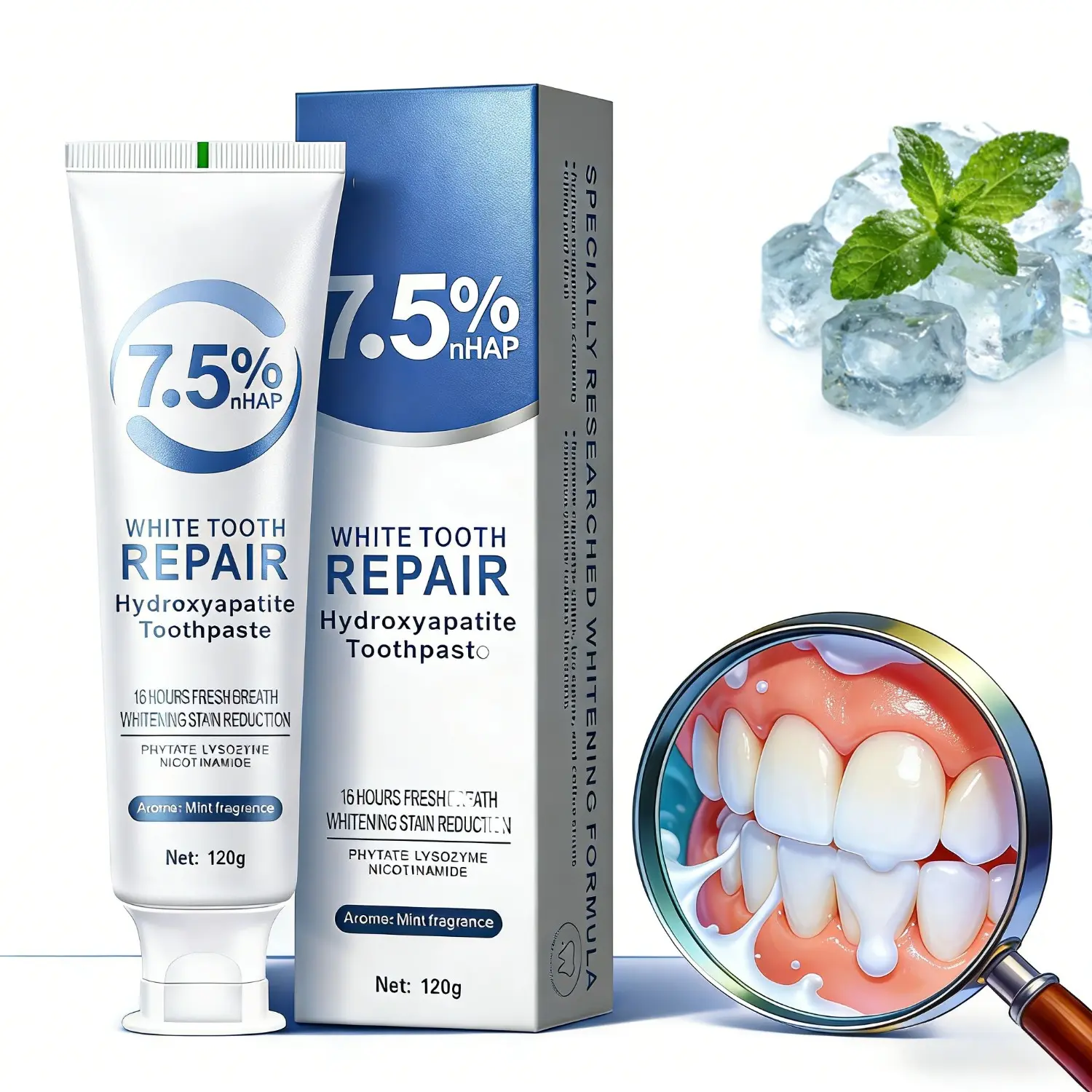 Hydroxyapatite Toothpaste, 7.5% Remineralizing Formula for Enamel Protection, Mild Mint Flavor for Sensitive Teeth and Daily Oral Care
