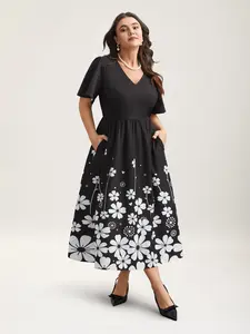 BLOOMCHIC Women's Short-Sleeve V-Neck Elegant Floral Print Ruffle Flared Fit Dress with Pocket - Casual Shortsleeve Dress for Summer Wear, Black
