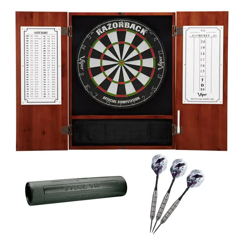 Viper Classic Pine Wood Dartboard Cabinet Set - Cinnamon Finish, Tournament-Quality Steel-Tip Dart Game with Self-Healing Sisal Board, Scoreboard, 25g Brass Darts, Fiber Accents, Regulation Size 18" Diameter for All Ages Game Rooms