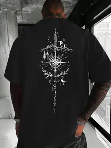 Men's Mountain Compass Print Round Neck Short Sleeve Outdoor T-Shirt, Boyfriend Gift, Versatile, Casual Fitted Top, Graphic Pattern