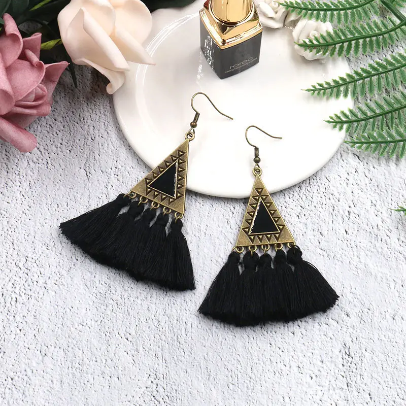 Boho Fabric Tassel Earrings with Triangle Design