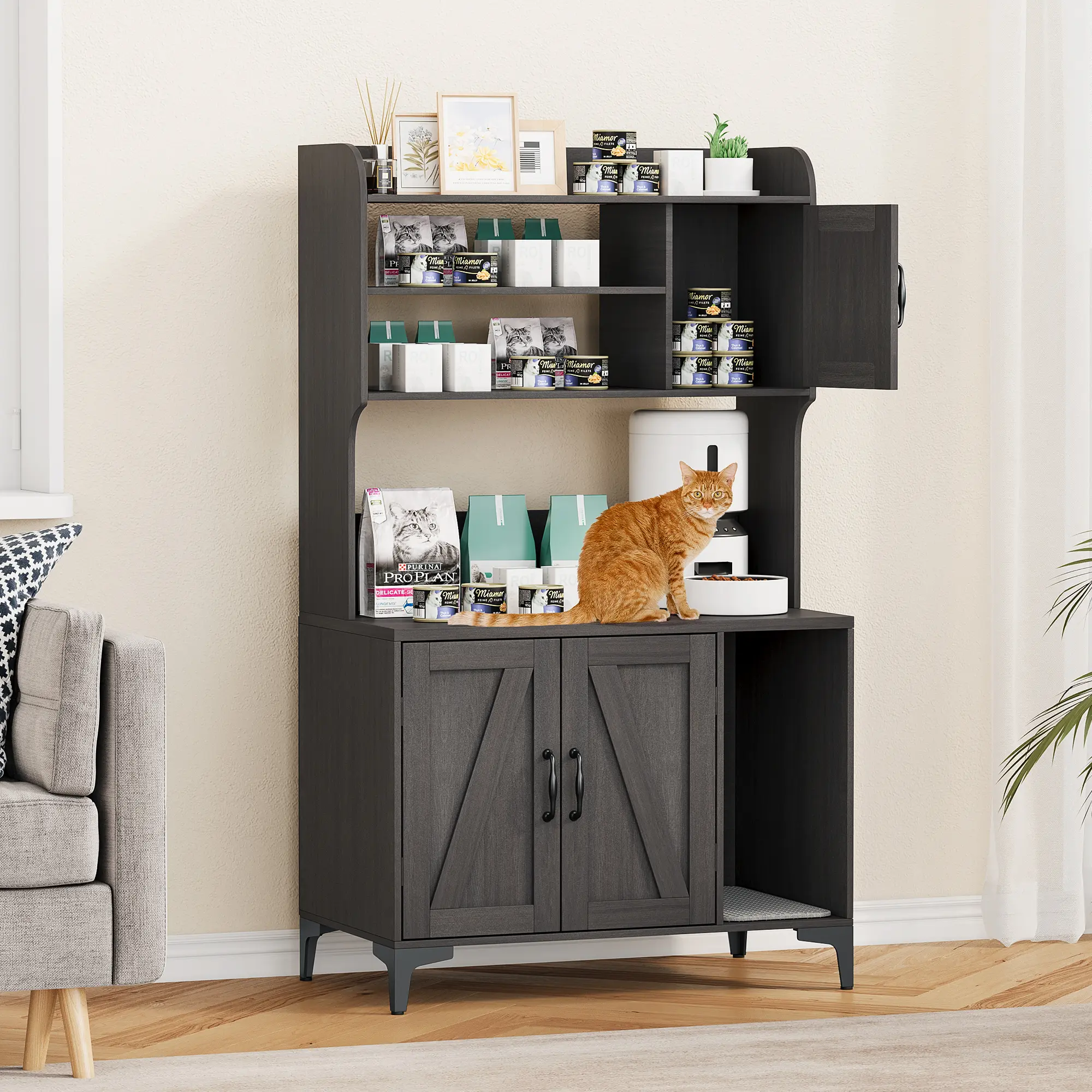 Cat Litter Box Enclosure with Shelves & Doors – Wooden Sturdy Hidden Litter Box Furniture, Indoor Cat House Furniture for Most Litter Boxes – Litter Box Cabinet