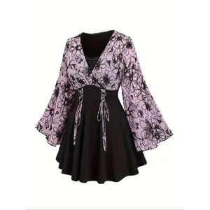 Plus Size Collage Printed Lace-Up Bright Sleeve T-Shirt, Elegant Long-Sleeve Top for Autumn and Winter, Women’s Clothing for Daily Wear, Vacation, and Parties GARMENTARY