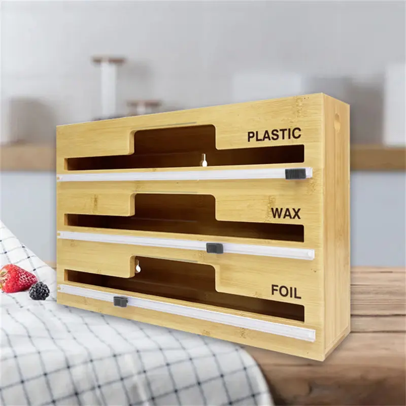 Nw 3Lbs 3-in-1 Bamboo Foil & Wrap Organizer with Slide Cutter – Stackable Storage Dispenser for Aluminum Foil, Cling Film, and Parchment Paper