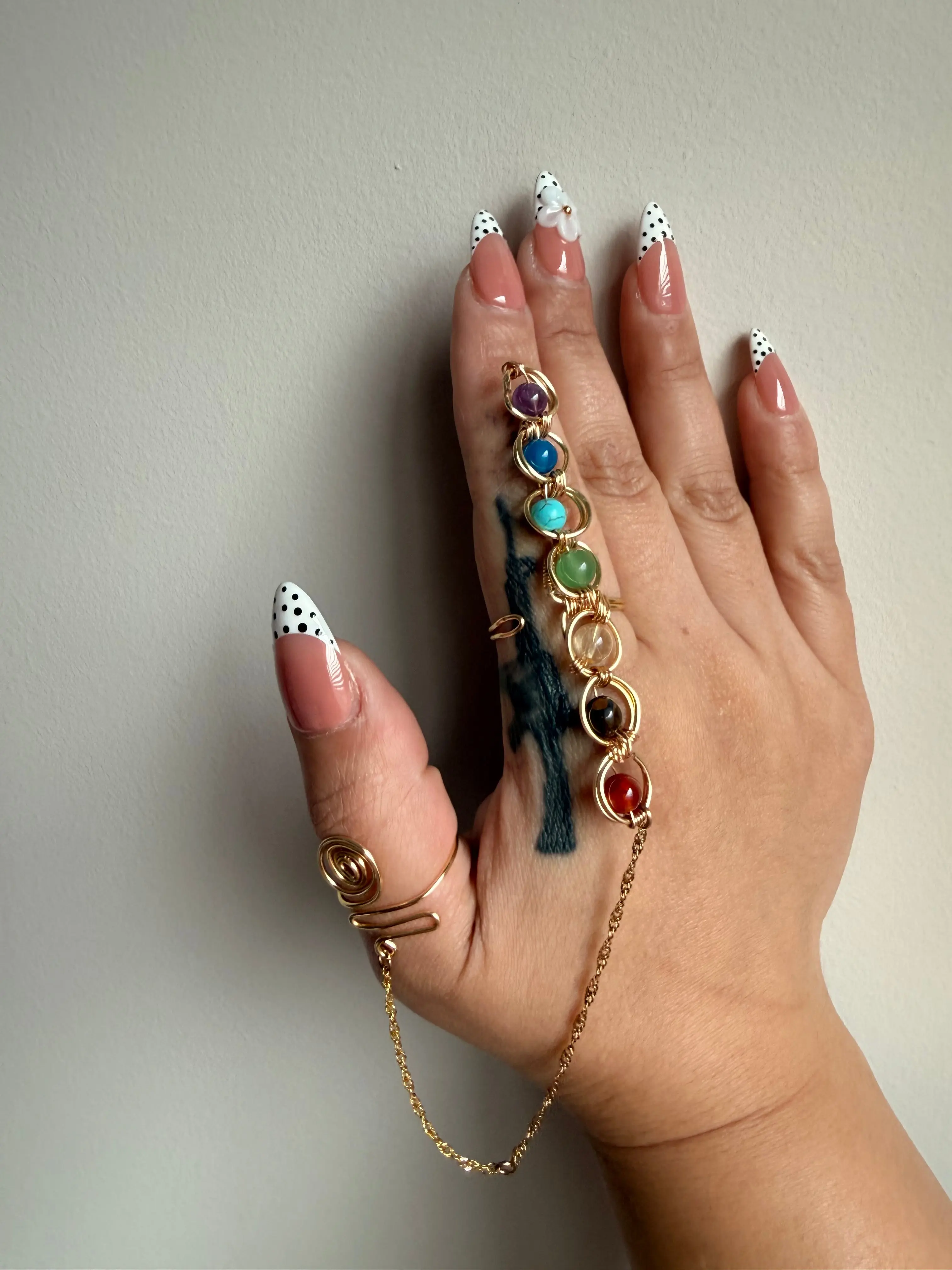 Bohemian Adjustable Chakra Double Wand Ring with Stone Beads, Ideal for Festivals, Natural Crystal Jewelry Accessory