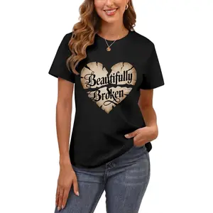 Women's Casual Crewneck T-Shirt with "Beautiful Broken" Heart Print,  Perfect for Daily Wear, Spring/Summer Fashion, and Back to School Outfits, Ideal for All Seasons, Addicted Top for Summer Clothes Women