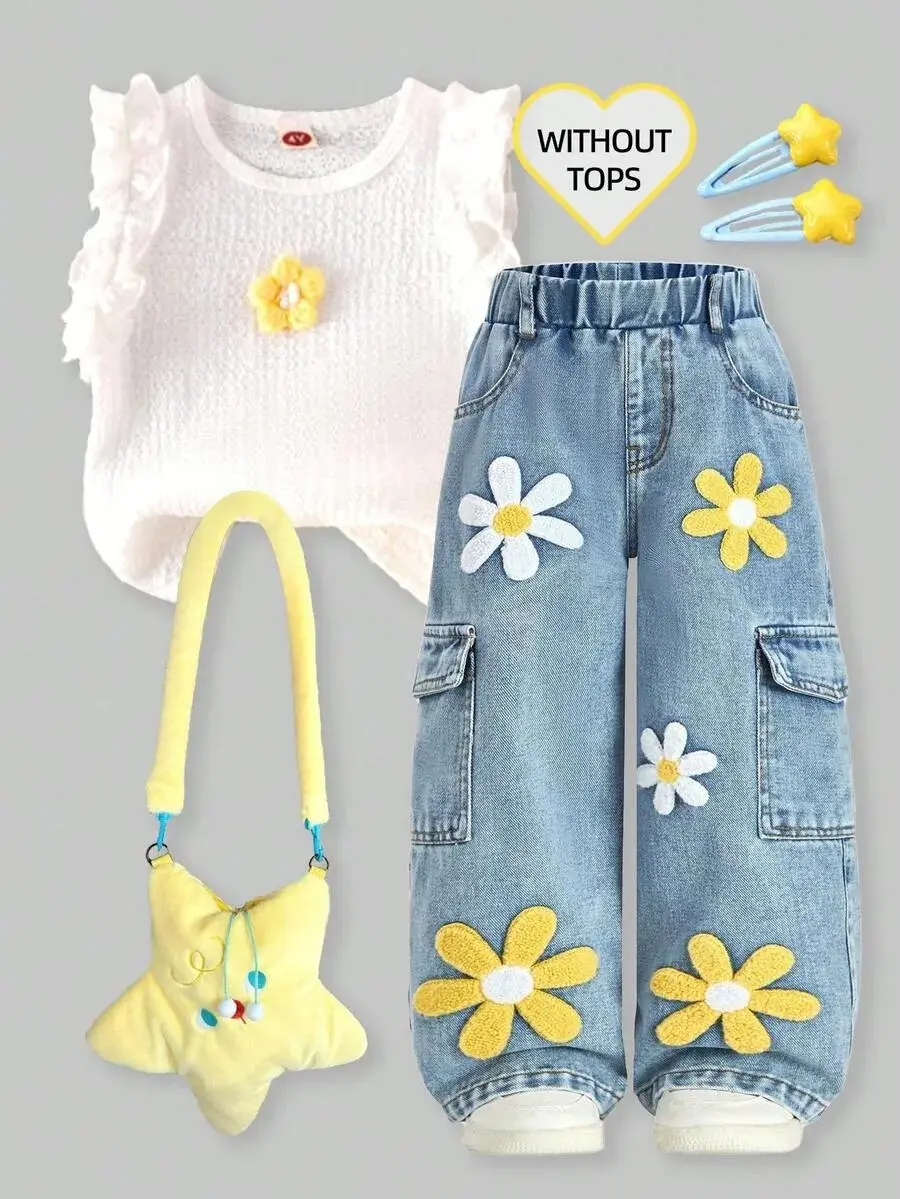 Young Girl Summer Denim Jeans, Snow Wash Blue, Sweet, Pink Floral Embroidery Design Straight Leg Wide Leg Denim Pants