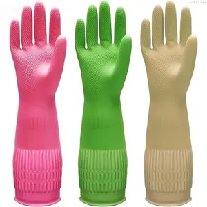 1pas or 3 pas Rubber Dishwashing Gloves, 15" Long Cuff Kitchen Cleaning Gloves, Flexible Durable Non-Slip Household Gloves (Red, Yellow, Green, X-Large)