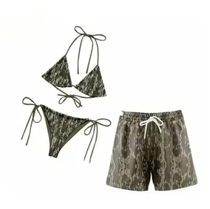 Matching Bottomland Camo Swimwear Set for Couples - Bikini & Men’s Beach Shorts - Aloha Vacation Outfit - Hubby & Wife Holiday Swimsuits for Summer
