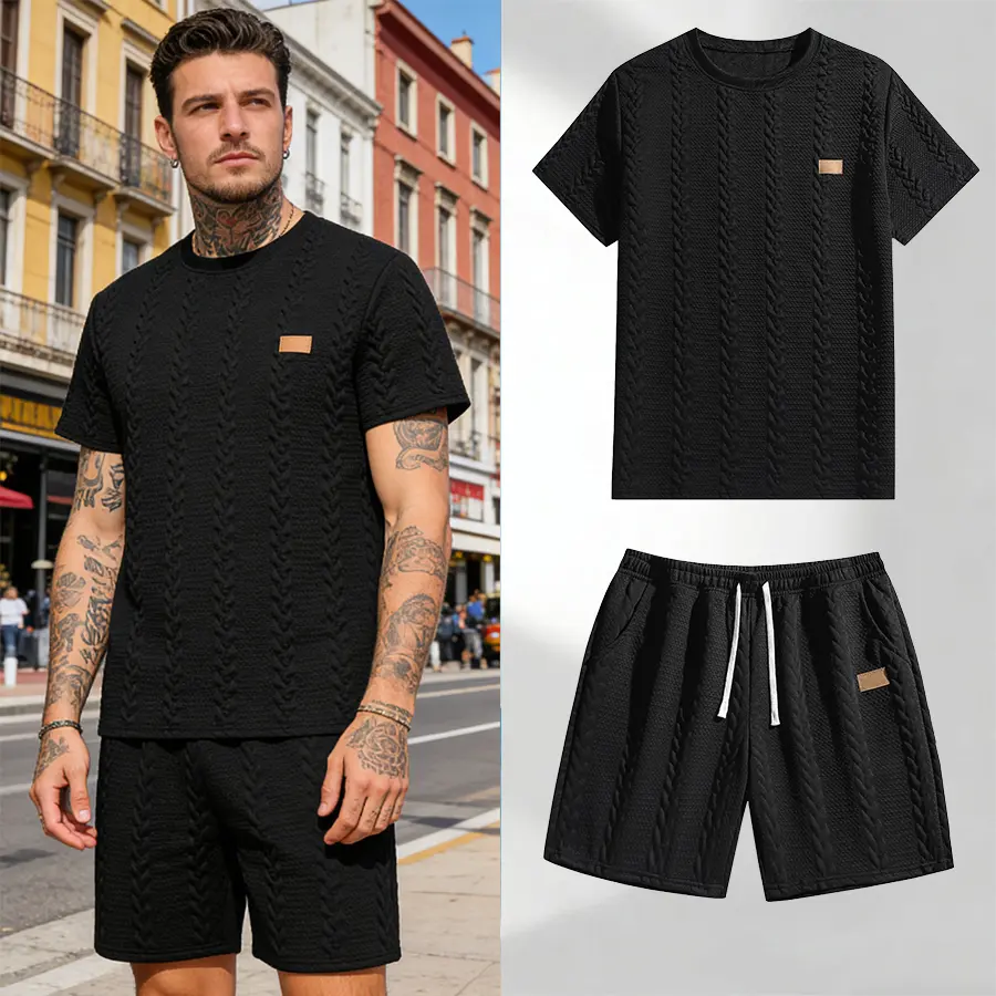 Men's Solid Jacquard 2-Piece Casual Sportswear Set - Comfortable Breathable Short-Sleeve & Short-Pants Solid Tracksuit Set, Ideal for Summer Outdoor Outings & Daily Vacations