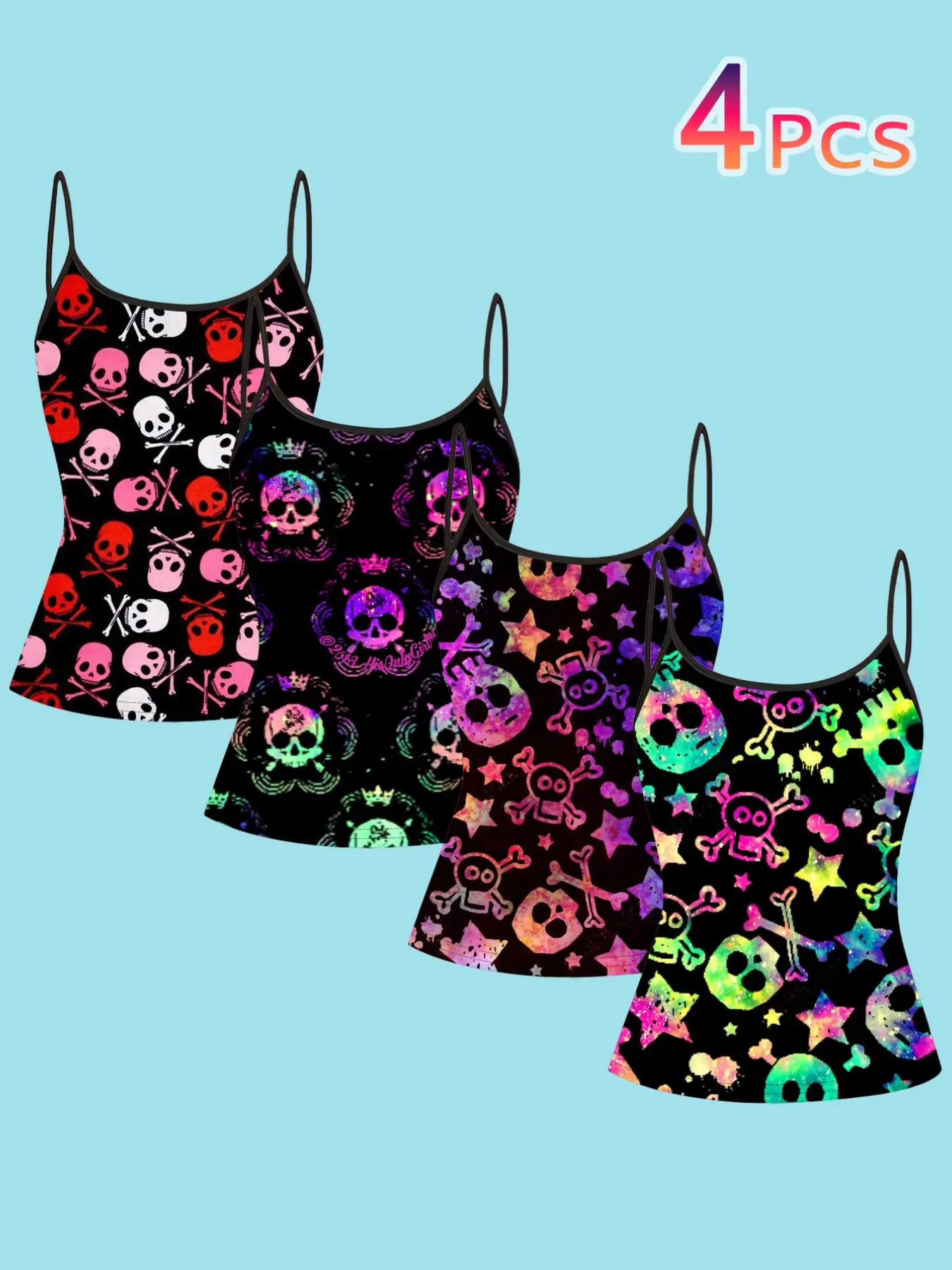 4 Piece Set Cute Neon Skull Print Strapless Sleeveless Top, Spaghetti Strap, Street Style Inner Layer Outer Wear, Casual Slim Fit Cami Tank Tops for All Seasons