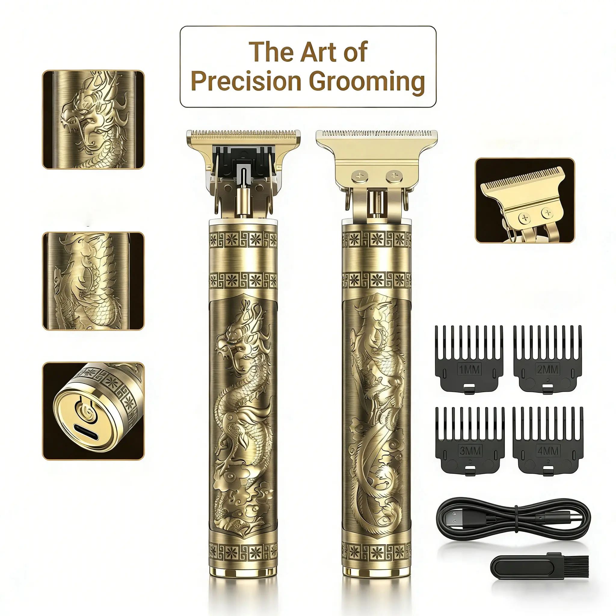 Men's Professional Gold Dragon Beard Trimmer shaver: Cordless Rechargeable Barber Clipper Set, Precision T-Blade for At-Home Grooming (Luxury Vintage Gold)