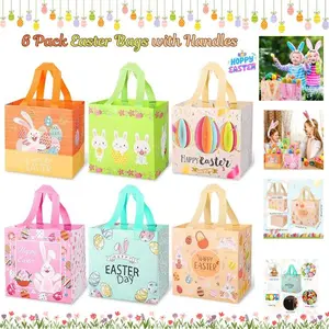 6 Pack Easter Bags with Handles – Reusable Bunny Easter Gift Bags, Waterproof Treat Bags for Kids, Easter Egg Hunt Party Favors, Holiday Goodie Tote Bags