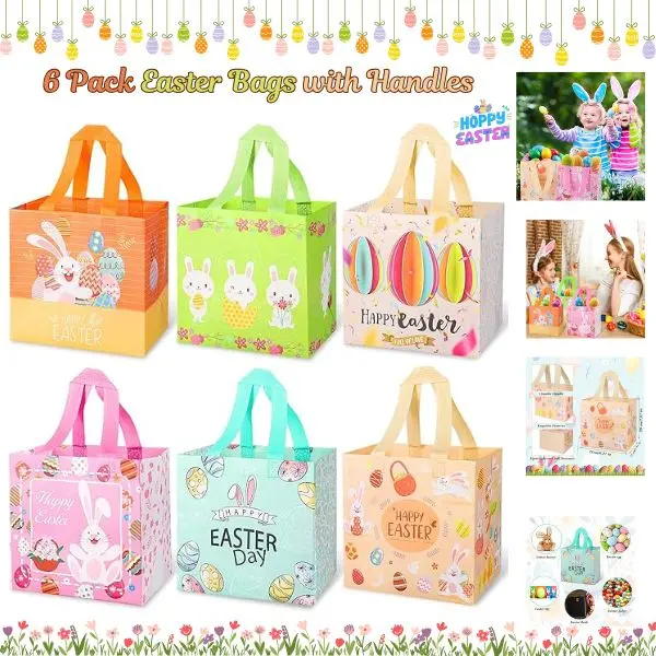 6 Pack Easter Bags with Handles – Reusable Bunny Easter Gift Bags, Waterproof Treat Bags for Kids, Easter Egg Hunt Party Favors, Holiday Goodie Tote Bags