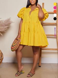 women's plain peplum hem button front smock dress, casual puff sleeve collar short dress for daily wear, ladies clothes for all seasons, summer dresses, womenswear