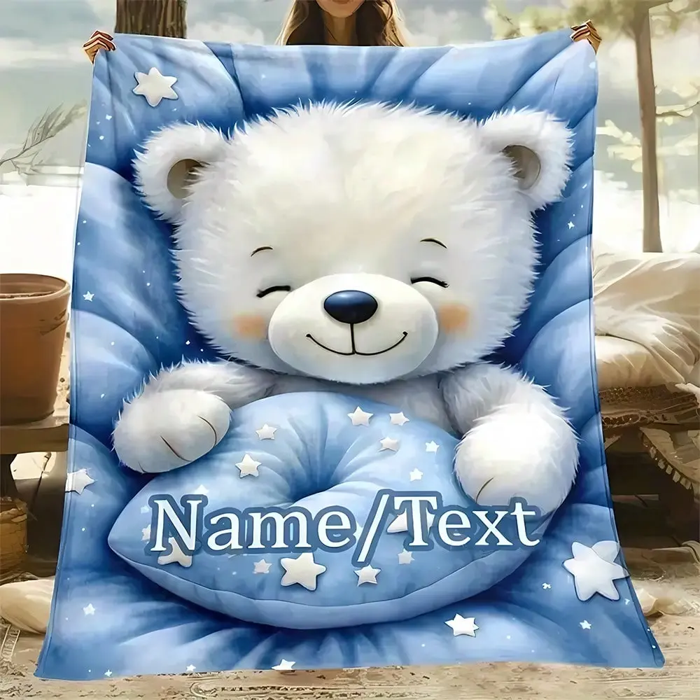 Personalized Bear & Star Customized Flannel Printed Blanket, Cozy Soft Warm Crib-to-Outdoor Use Throw Blanket, Ideal Girl Shower Gift for Crib & Bed, Cozy Throw Blanket