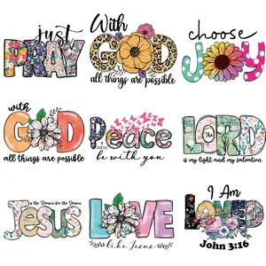 God & Jesus Theme Letter Pattern Heat Transfer Sticker, 9 Counts/set Heat Transfer Decal, DIY Heat Transfer Patches for Clothing DIY Tshirt Applique