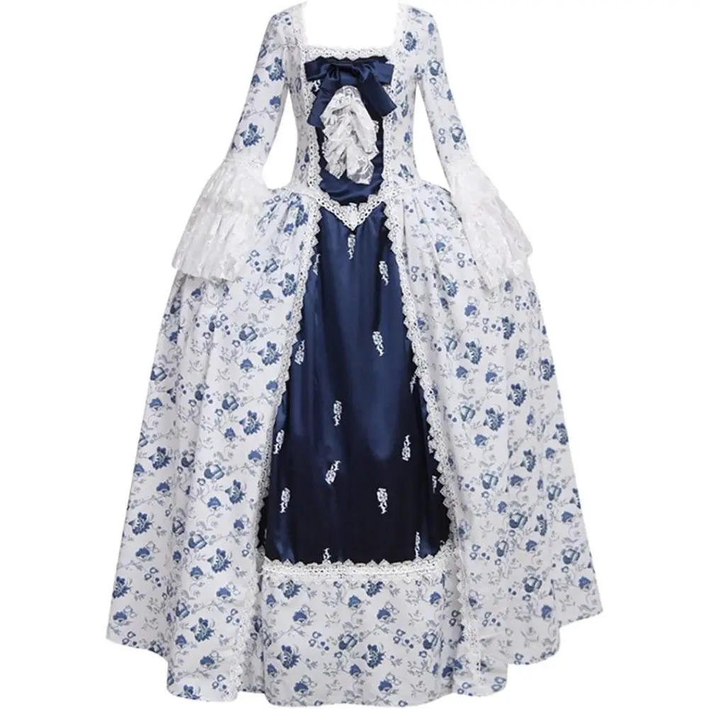 Women's Victorian Rococo Full-Length Ball Gown Clothes - Elegant Blue Lace, Embroidery Polyester Costume, Structured Silhouette, Hip Accent, Plus Sizes (2XL,3XL,XXXL) for Historical Cosplay, Renaissance Fairs, Hand Wash Only