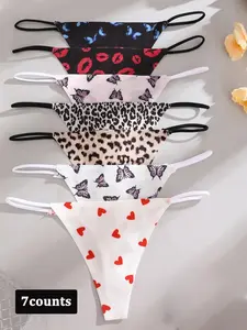 Women's Butterfly & Heart ＆ Leopard ＆ Lip Print Thong, Soft Comfy Breathable Knicker for Daily Wear, Underwear for All Seasons, Cute