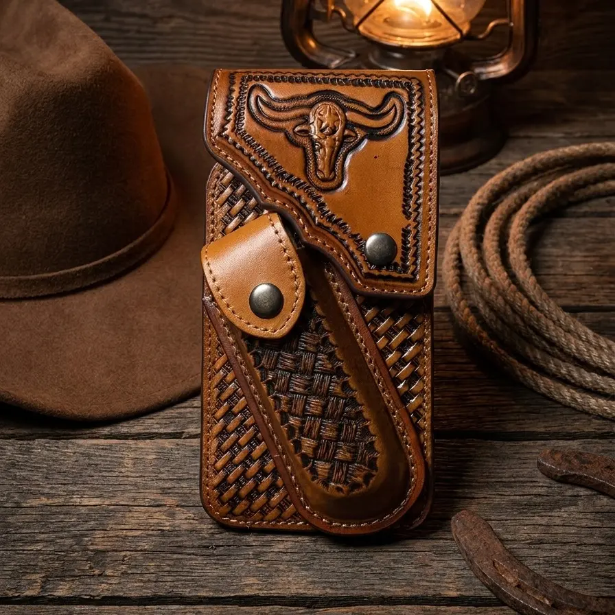 Longhorn Western Genuine Leather Cellphone Belt Holster & Knife Holder – Hand-Tooled, Magnetic Closure