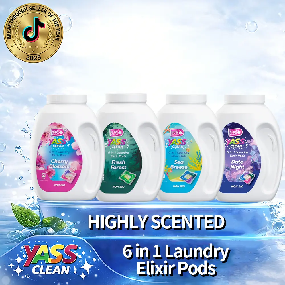 Yass Clean 6-in-1 Laundry Elixir Pods - High-Concentrated Instant Dissolve Capsules for Busy Families, Travelers | Drop in 1 Pod, Stain Removal, Antibacterial, Softener | 4 Luxury Scents: Cherry Blossom, Fresh Forest, Date Night, Sea Breeze