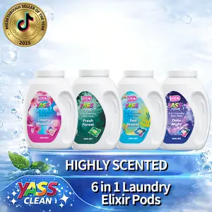 Yass Clean 6-in-1 Laundry Elixir Pods - High-Concentrated Instant Dissolve Capsules | Stain Removal, Antibacterial, Softener | 4 Luxury Scents: Cherry Blossom, Fresh Forest, Date Night, Sea Breeze