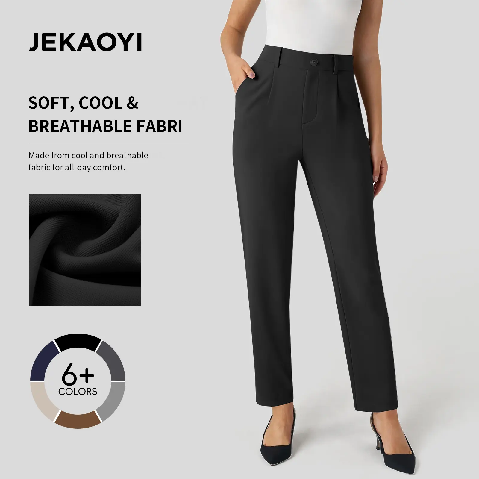 JEKAOYI Women's High-Waisted Stretchy Polyester Work Pants - Straight Leg, Pull-On, Business Casual Office Slacks with Pockets for Matching Elegant Tops