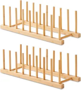 2 Pack Bamboo Wooden Dish Rack-Plate Pot Lid Cutting Board Organizer Holder Rack for Cabinet-Kitchen Cabinet Organizer for Dish, Pots, Lids, Bowls, Bottles, Books, and Puzzle