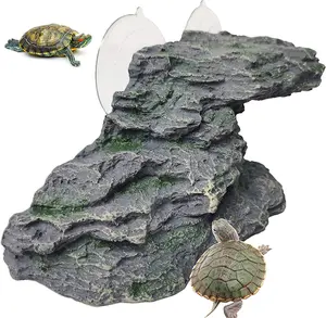 Turtle Basking Platform Reptile Climbing Shale Resin Step Ledge Stone Aquarium Ornament Rock Landscaping Decoration with Suction Cups for Frogs Newts Amphibians Lizard (Medium:8.2”Lx3.3”Wx3.1”H)