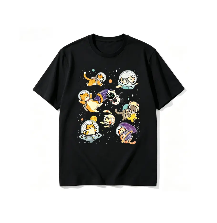 Cute Space Astronaut Cats Graphic Crew Neck T‑Shirt