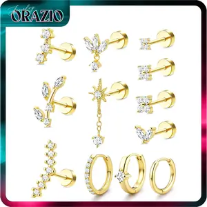 ORAZIO 16 Gauge Cartilage Earrings for Women Hypoallergenic Surgical Steel Flat Back Stud Hoop Set Daith Conch Tragus Helix Piercing Jewelry 12pcs Silver Earring Set